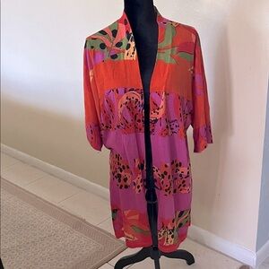 Chicos multi color tropical floral boho open cardigan midi lightweight kimono  M